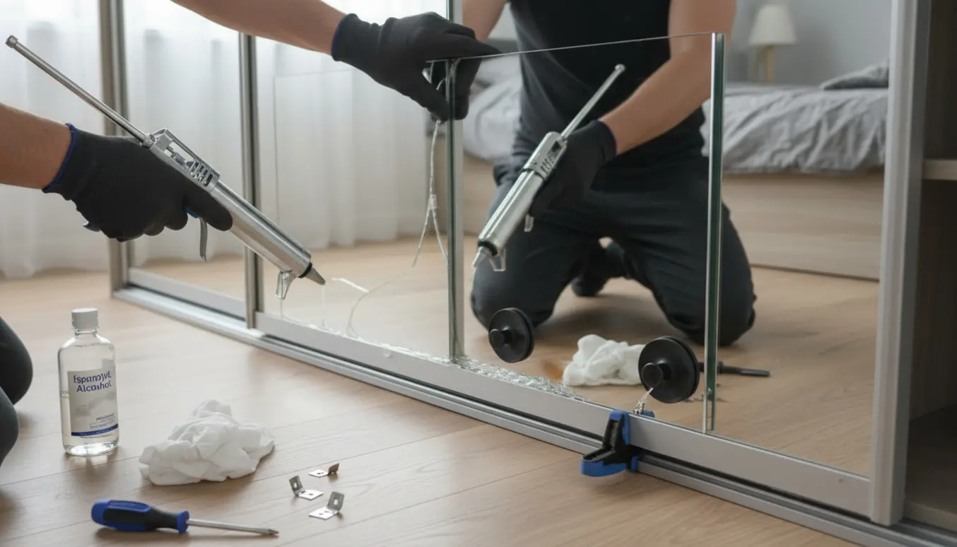 Nærbillede af beskyttede hænder, der limer en spejllåge fast på et trefløjet skab med sugekopper og limpistol.