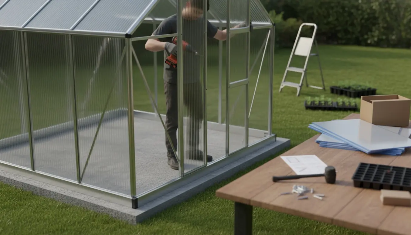 Delvist samlet drivhus i baghaven med aluminiumramme, polycarbonatplader og værktøj.