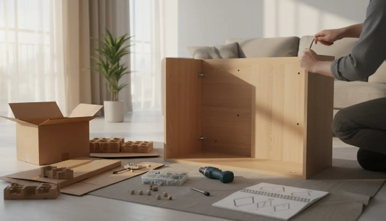Hænder samler et nyt fladtpakket skab i en lys stue med skabspaneler, skruer og værktøj spredt omkring.