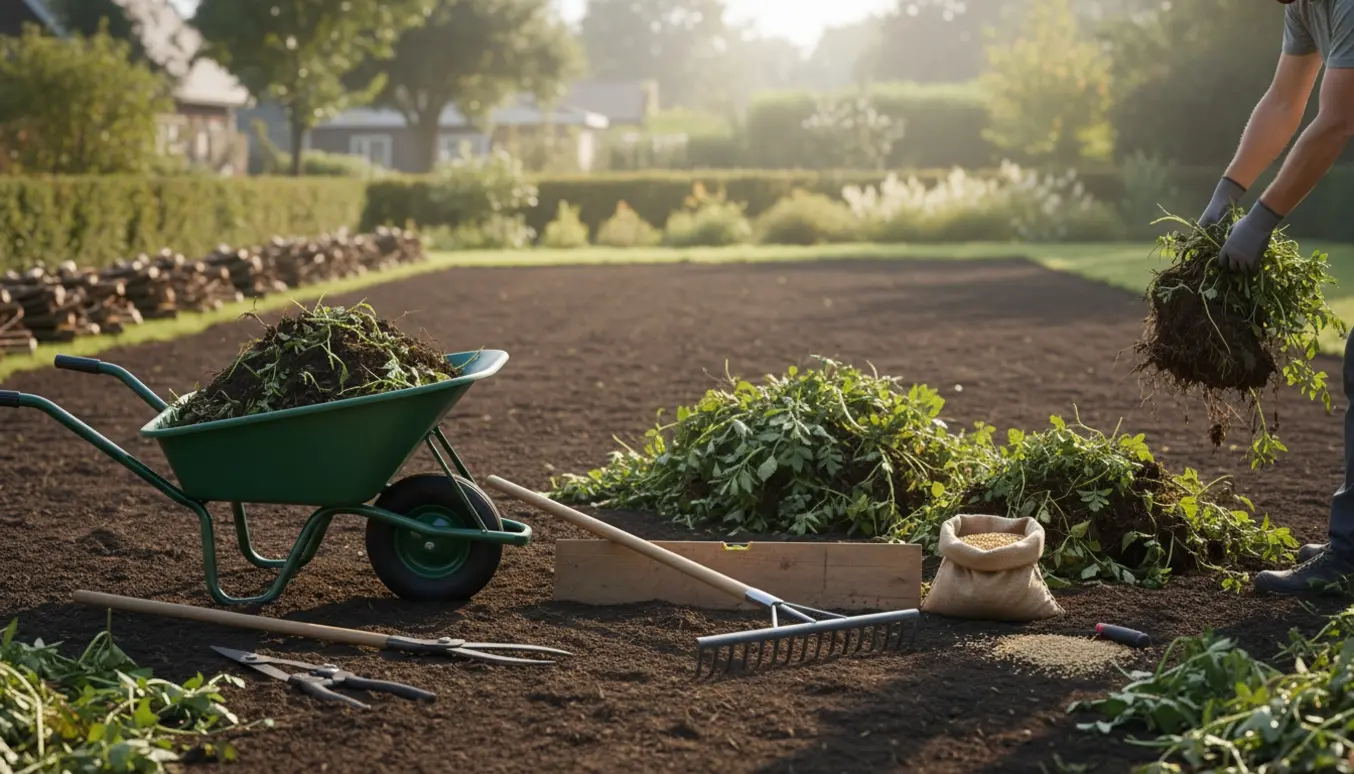 Overgroet have hvor skvaderkål fjernes, hæk er klippet og jævn jord er klar til ny græsplæne.