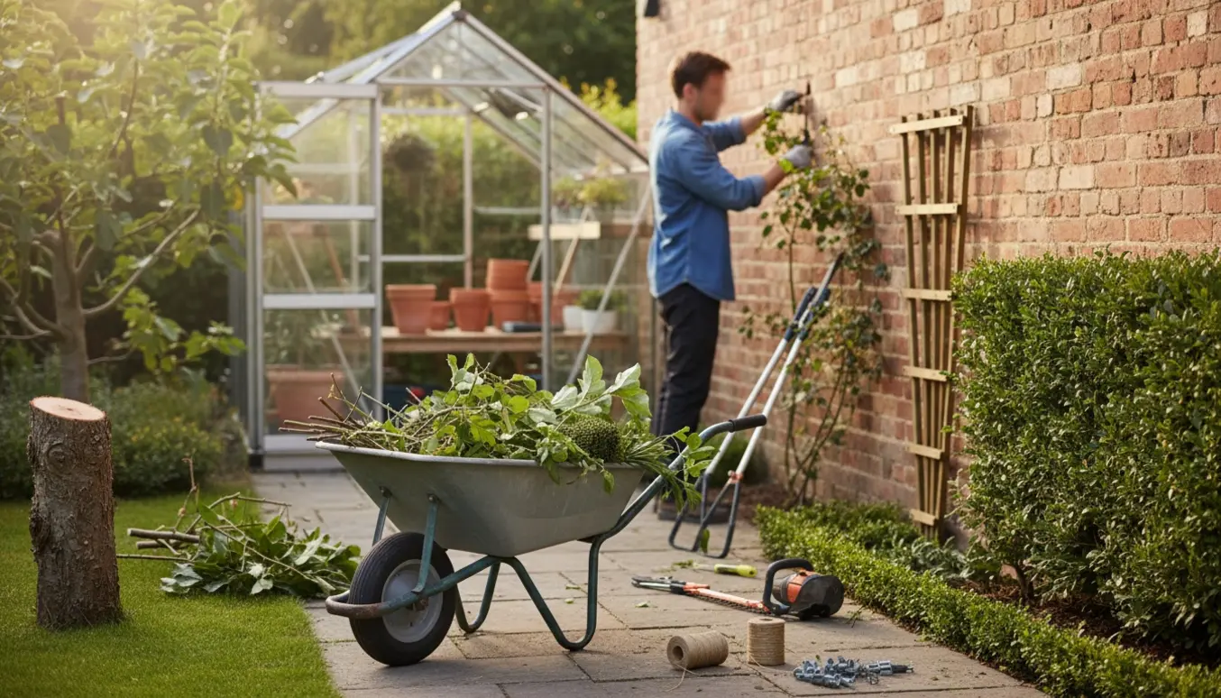 Gartner set bagfra hænger en klatrerose op på en mur med boreværktøj, mens en trillebør er fyldt med beskårne grene og et tomt drivhus ses i baggrunden.
