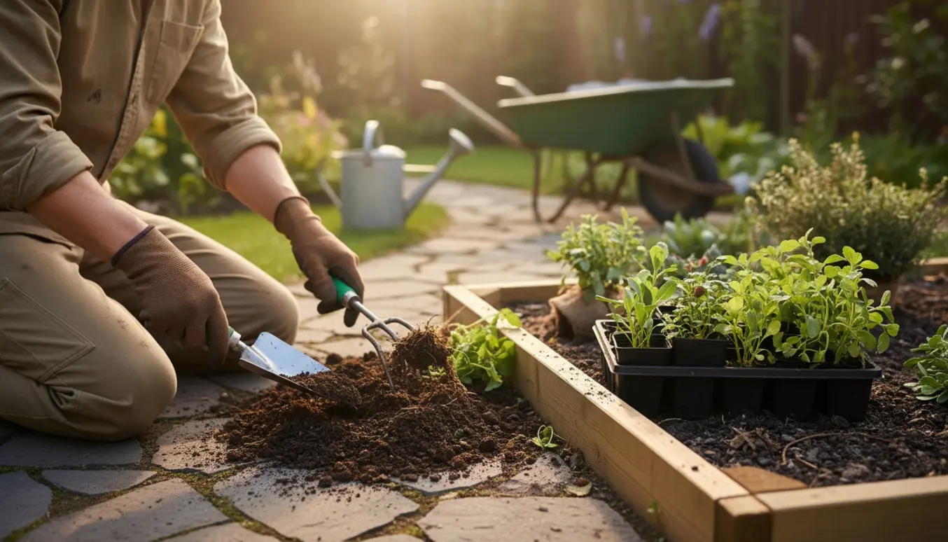 Hænder i haveredskaber fjerner ukrudt og løsner jorden i et blomsterbed med små planter og redskaber i baggrunden.