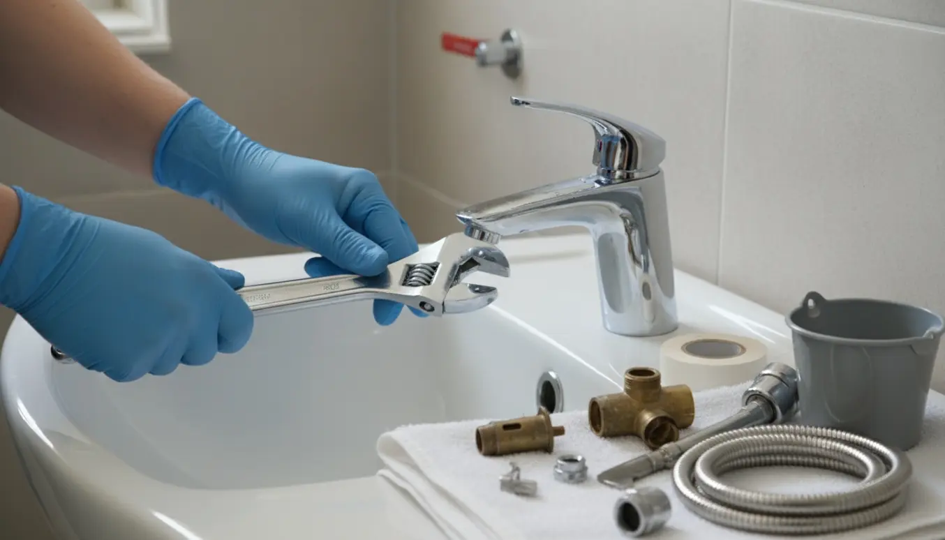Nærbillede af udskiftning af håndvaskarmatur med værktøj og handske-beklædte hænder over en hvid porcelænsvask.