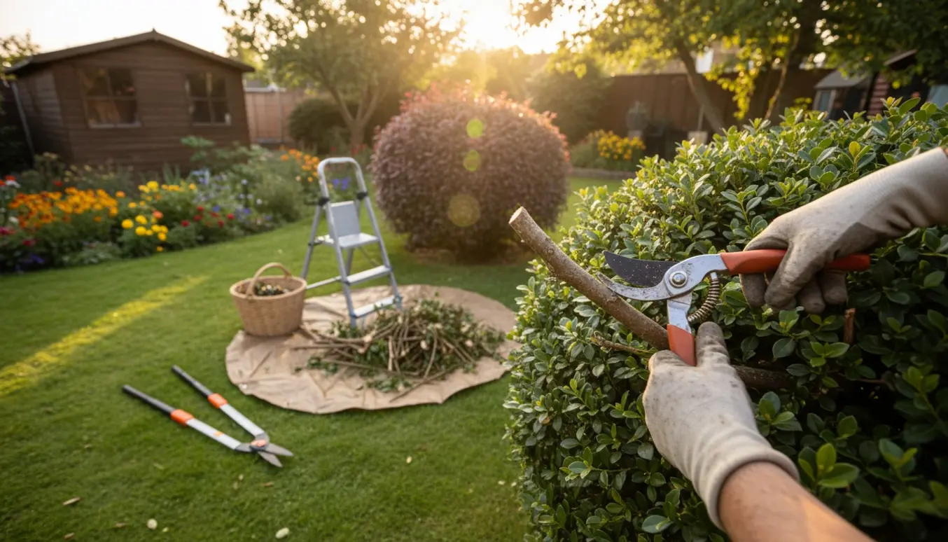 Nærbillede af hænder, der beskærer en busk med beskæringssaks i en soloplyst have med en bunke afklippede grene ved siden af.