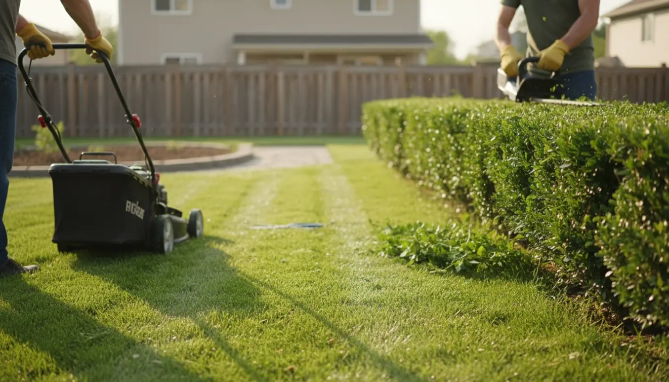 Plæneklipper på nyklippet græs og en person, der trimmer en hæk, med ansigter vendt væk.