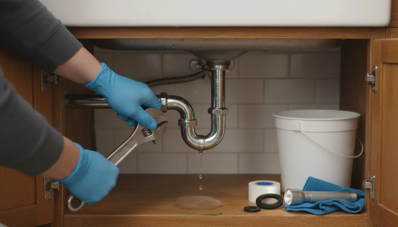 Hænder reparerer en utæt vandlås under køkkenvask med skruenøgle og spand.