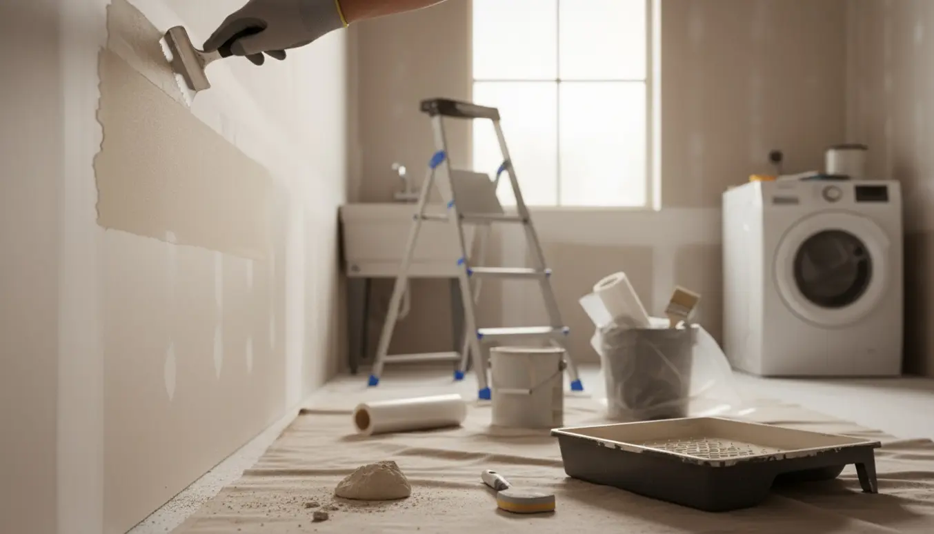 Spartling og maling i et bryggers med en handskeholdt spartel, malerulle i malerbakke og afdækningsdug.