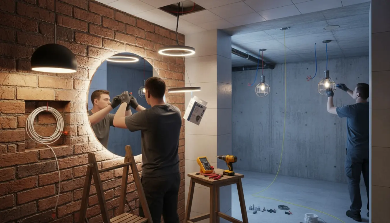 Installatør hænger en lampe over et spejl i et badeværelse, mens to loftlamper forberedes i kælderen.