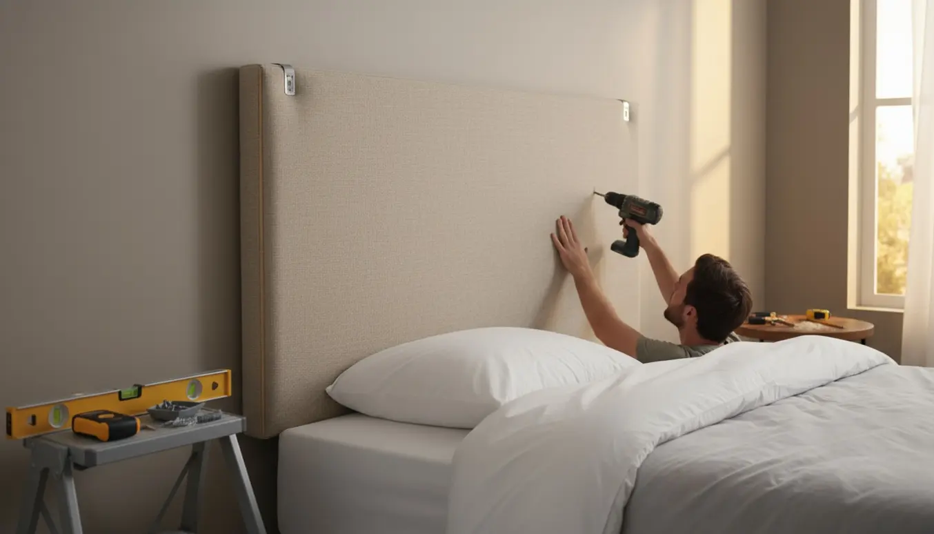 Ophængning af polstret sengegavl direkte på væggen med værktøj i nærheden.