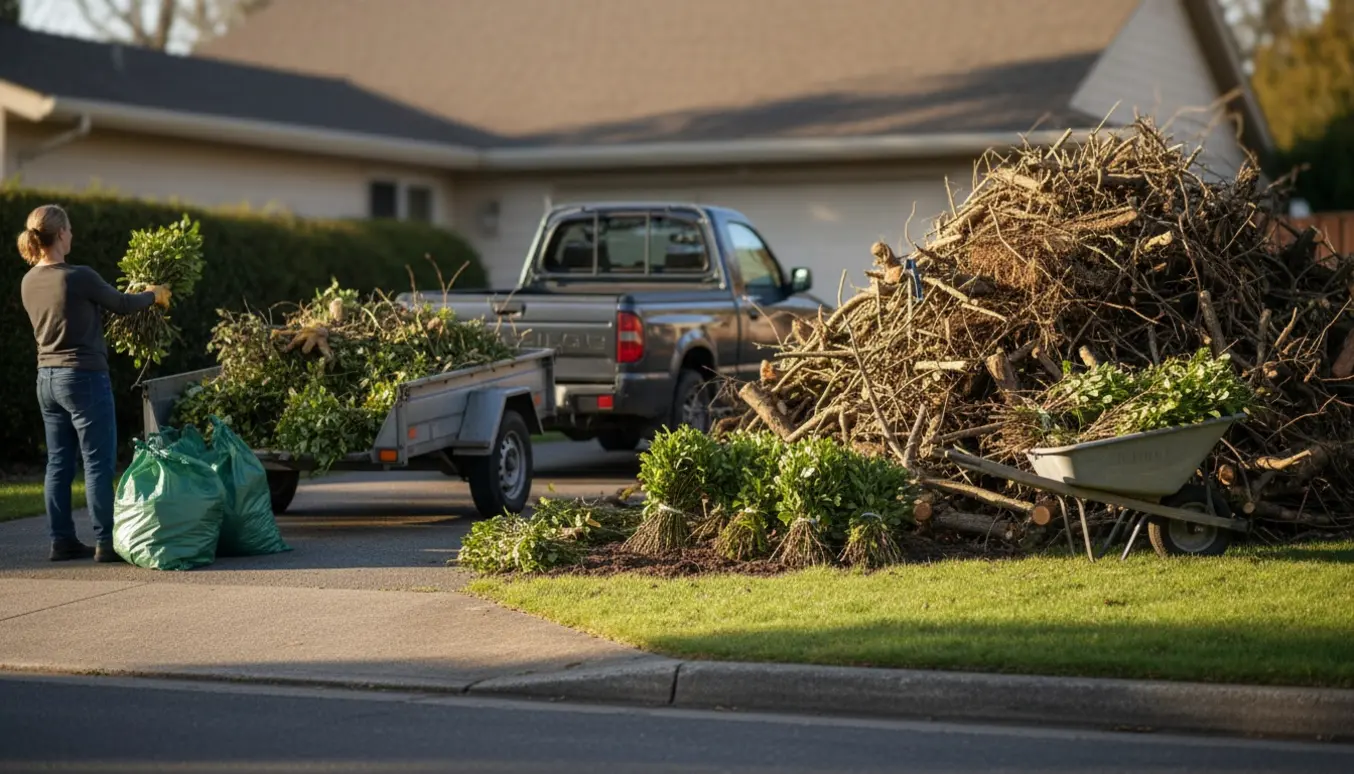 Trillebør og trailer fyldt med nyafklippede buske og hækafklip ved indkørsel, klar til afhentning.