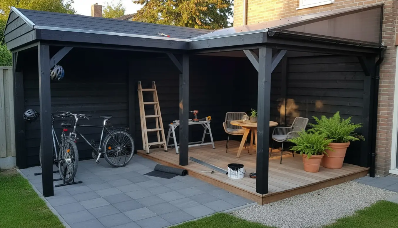 Sortmalet træoverdækning i baghaven med cykelparkering og overdækket terrasse, zinkkant på taget og synlig tagrende.