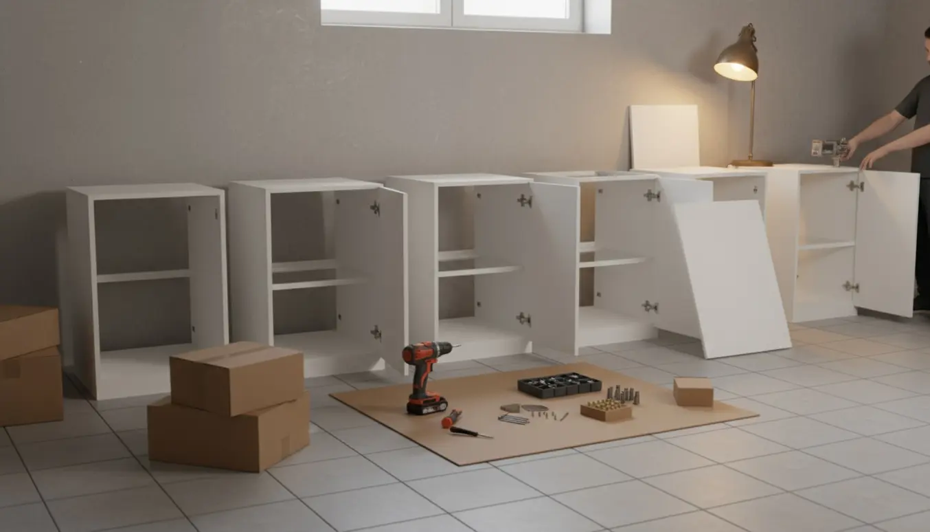 Fem hvide modulskabe under samling i en kælder på jævnt flisegulv.