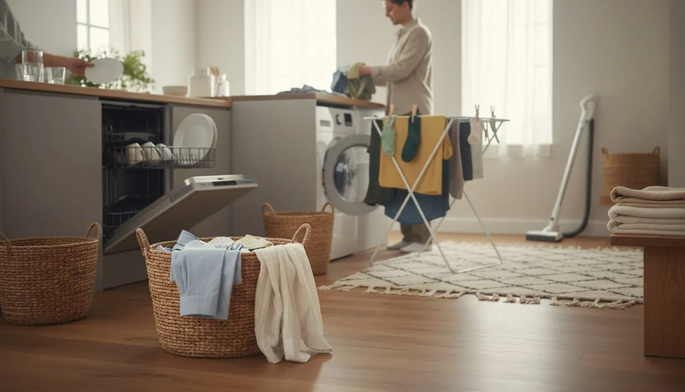 Åbent køkken-alrum i morgenslys med hænder, der lægger vasketøj i en vaskemaskine, opvask og støvsuger i nærheden.