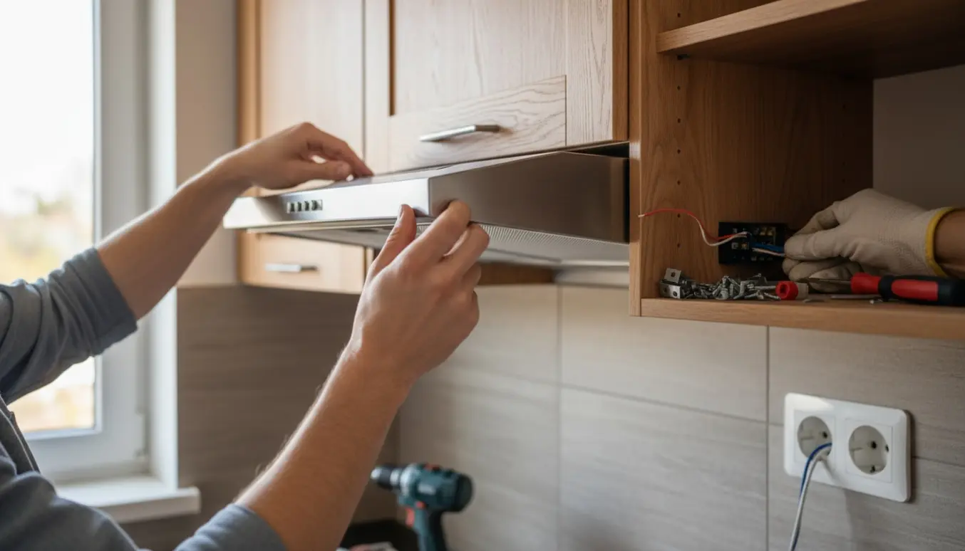 Installation af udtræksemhætte i et køkkenskab med værktøj og synligt el-tilslutningsarbejde.