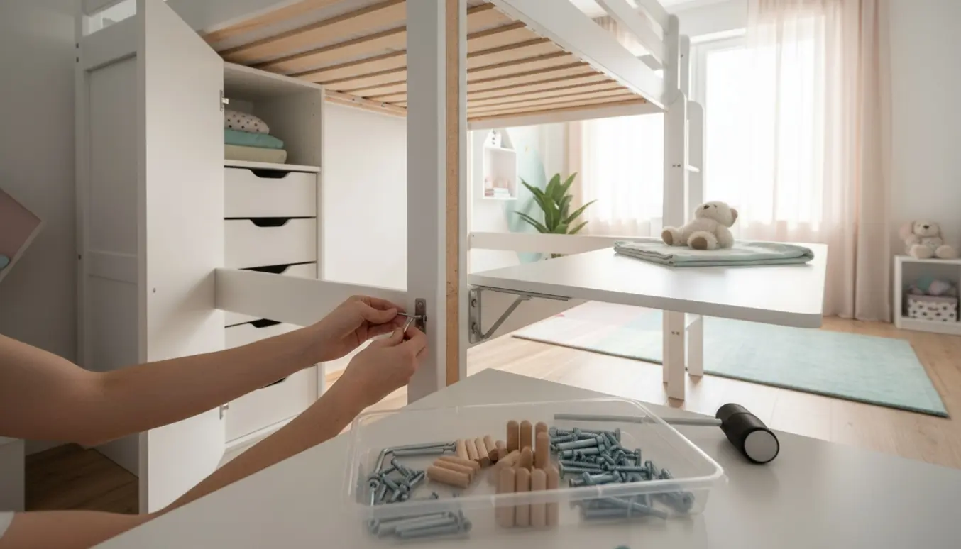 Halvfærdig høj børneseng med skab, skuffer og skrivebord, værktøj og hænder i et lyst børneværelse.
