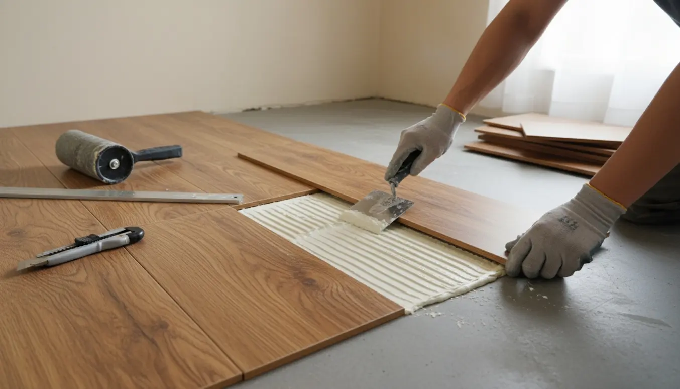 Hænder, der limer og lægger smalle vinylplanker på et jævnt cementgulv i et lyst rum.