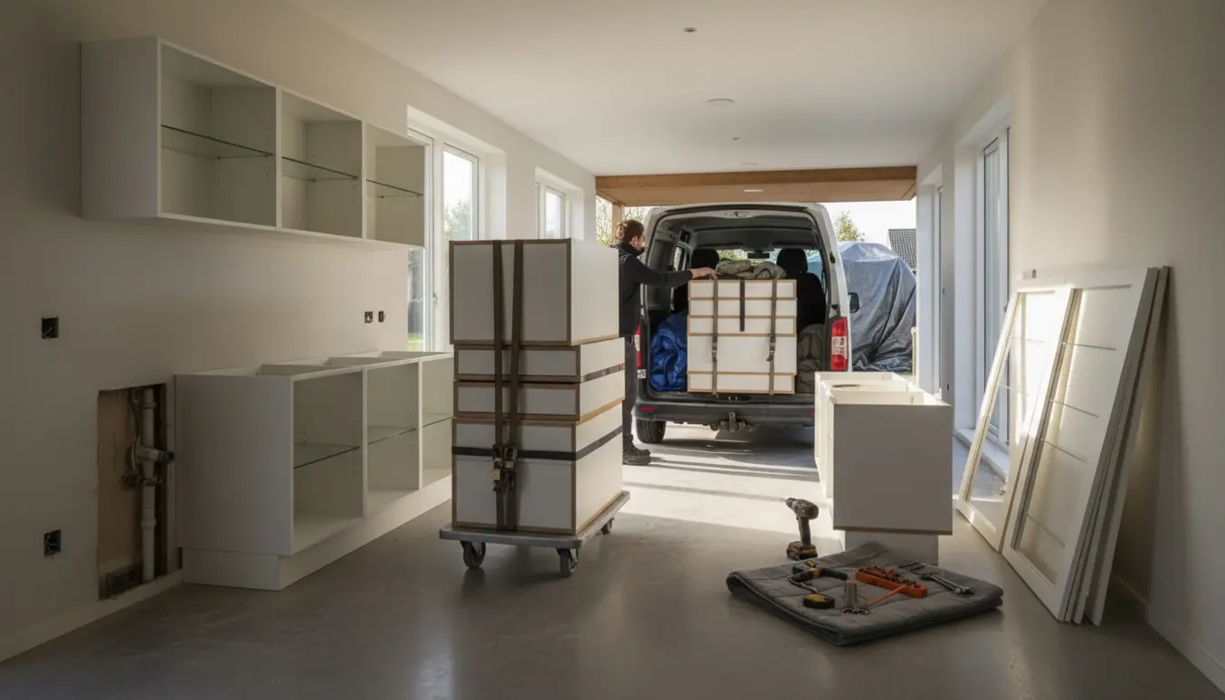 Afmonterede køkkenskabe bliver samlet og læsset i en varevogn, klar til fragt og dækket med presenning.