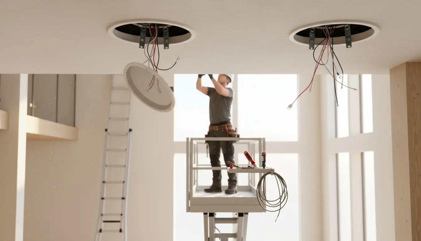 En tekniker på en høj lift fjerner to indbyggede loftshøjttalere, hvor den ene er delvist taget ned.