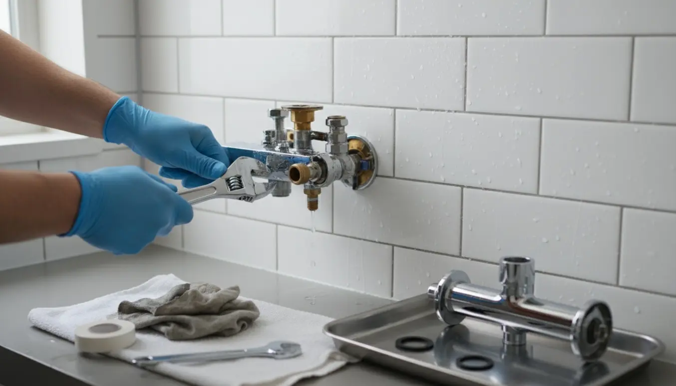 Nærbillede af hænder, der udskifter et krom blandingsbatteri i en bruser med værktøj og nye reservedele.