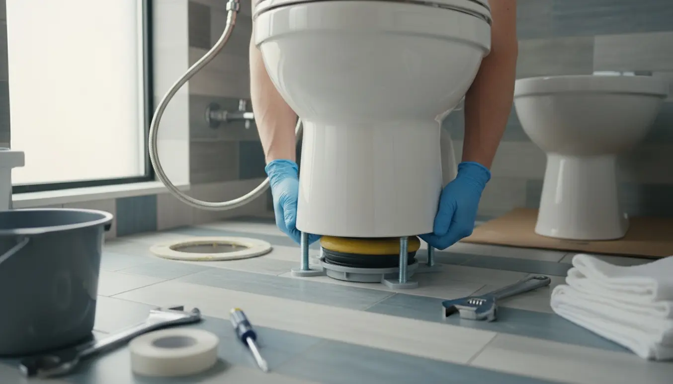 Hænder monterer et nyt hvidt toilet i et badeværelse med værktøj på klinkegulvet.
