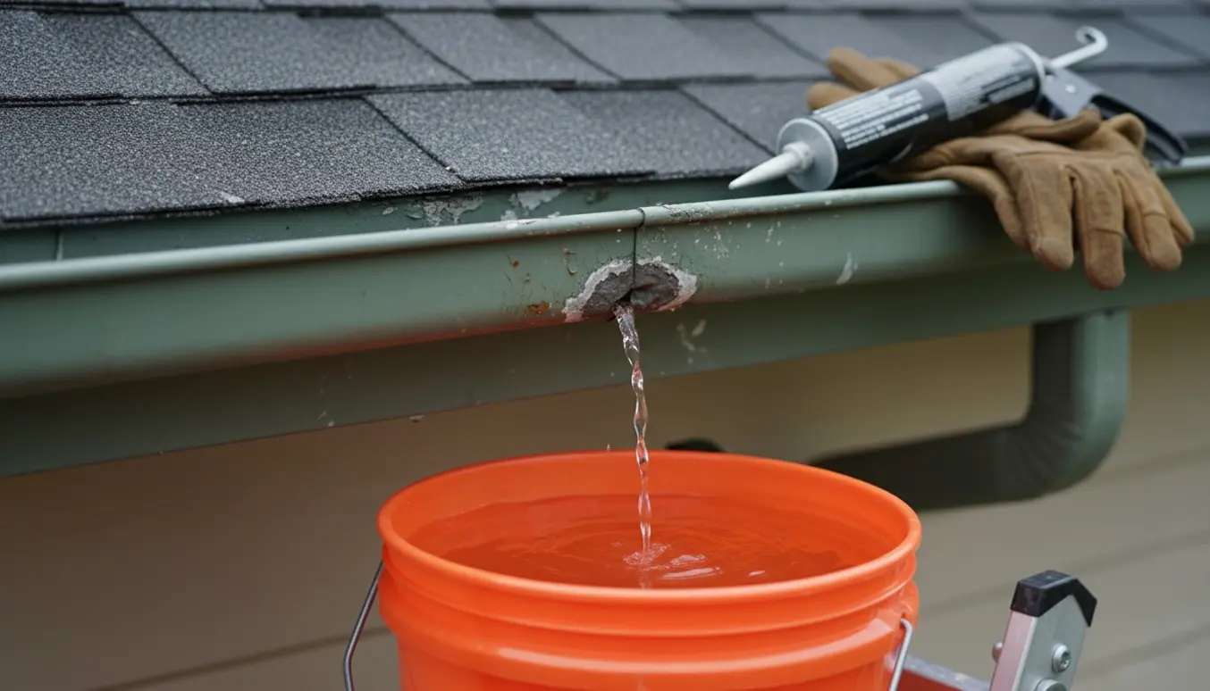 Læk i tagrendens hjørnesamling med vand, der drypper ned i en spand og reparationsværktøj ved siden af.