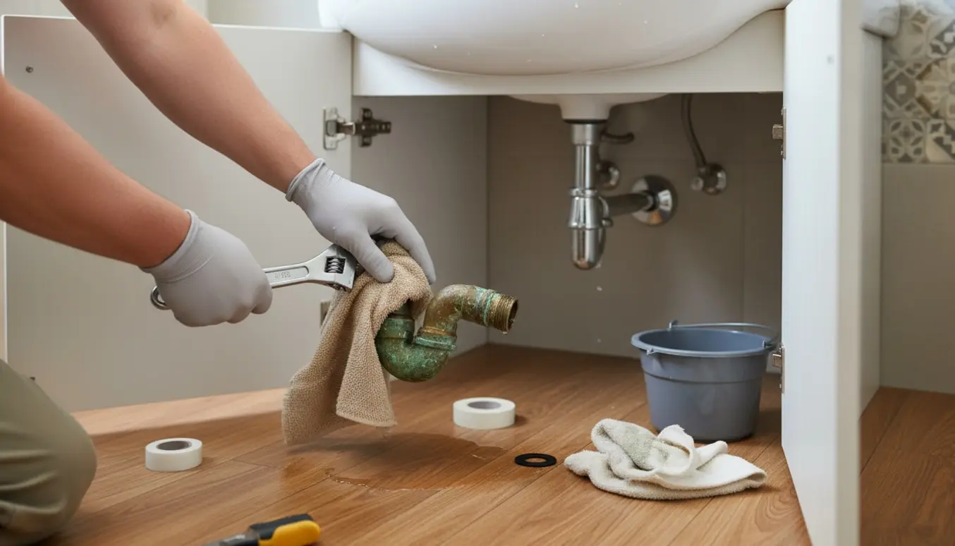Nærbillede af hænder, der reparerer et utæt håndvaskafløb under et badeværelsesskab med værktøj og spand.