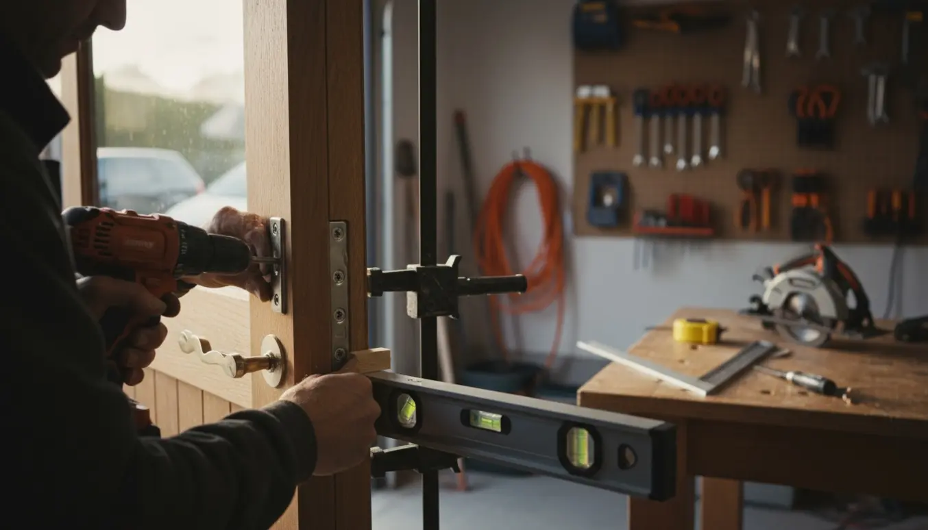 Montage af ny trækarme og dør i en garageworkshop, med fokus på hængsler og håndværktøj.