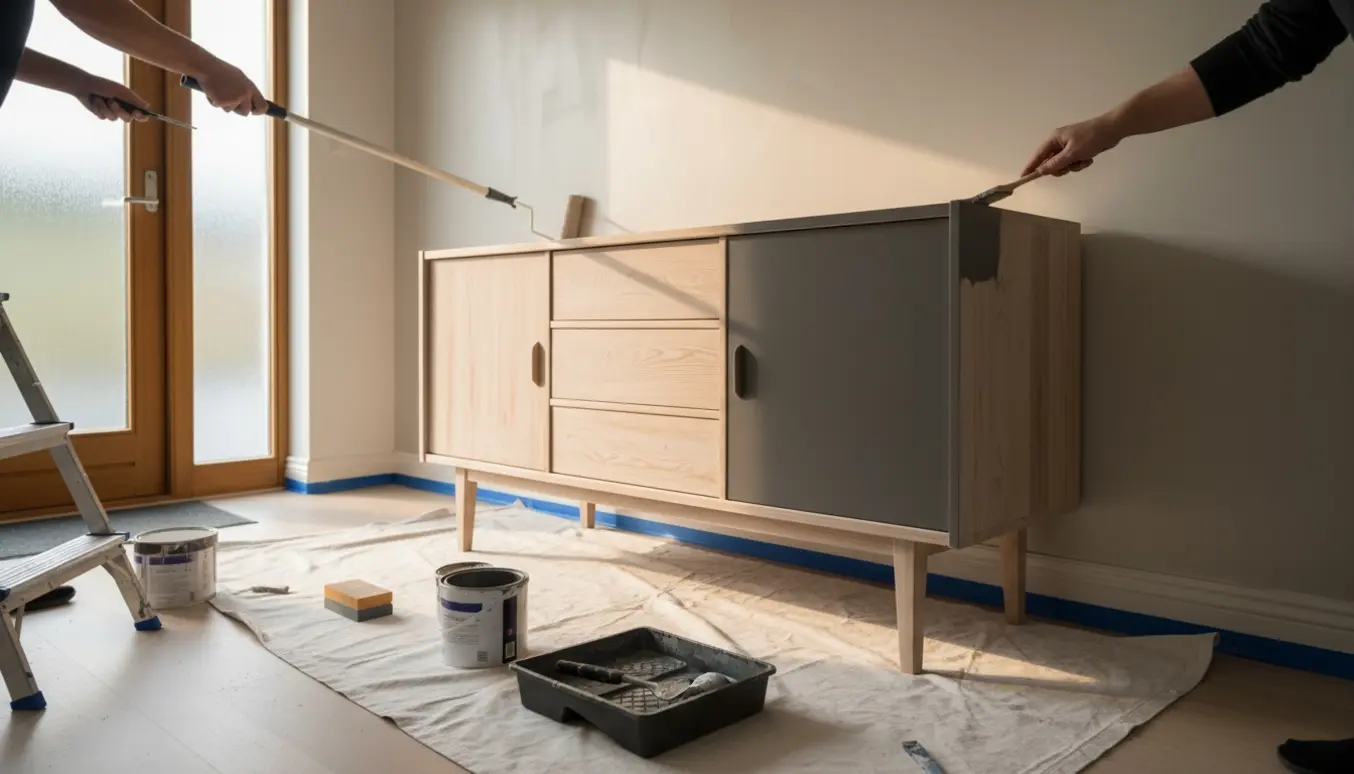 Indgangsparti hvor vægge er ved at blive malet og en slebet skænk males udvendigt med malerværktøj på gulvet.