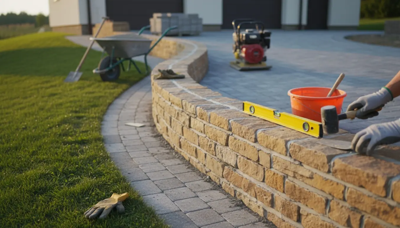 Nyopført lav støttemur langs indkørsel med sten, værktøj og genlagt belægning ved huset.