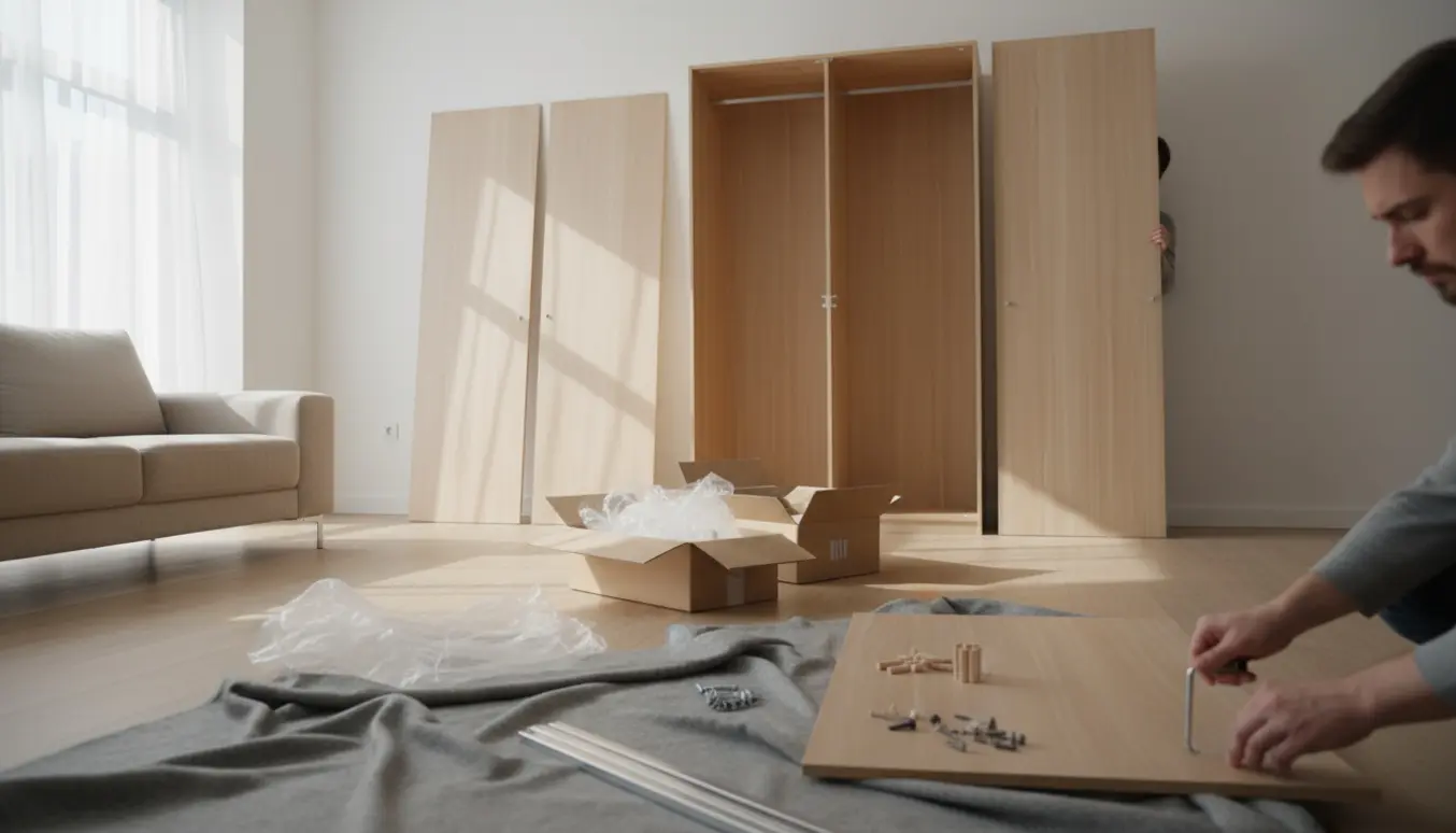 Montering af stort garderobeskab i stuen med paneler, skruer og hænder i arbejde.