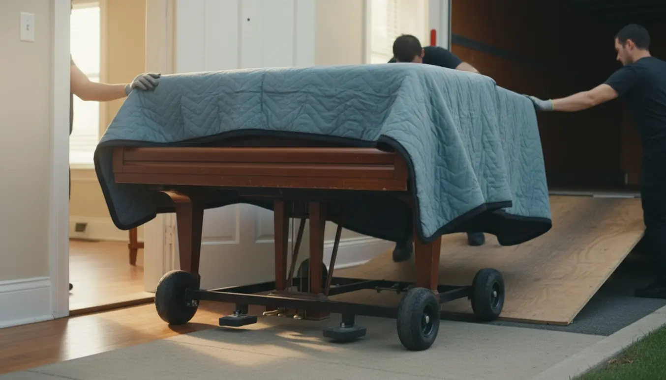 Et lille flygel dækket af flyttetæpper rulles gennem en dør og op på en lav rampe, med handskerede hænder, uden tydelige ansigter.