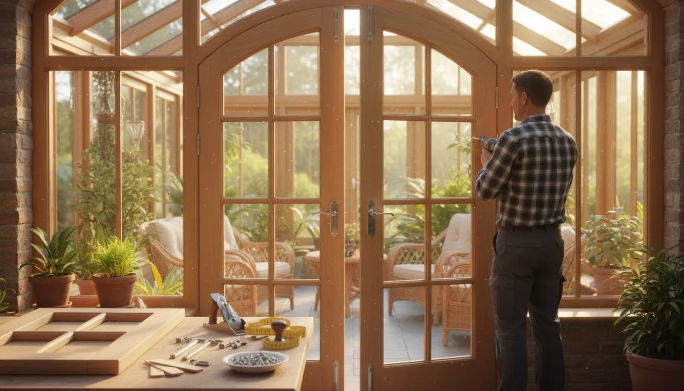 Tømrer monterer franske glasdøre ind til en solfyldt udestue.