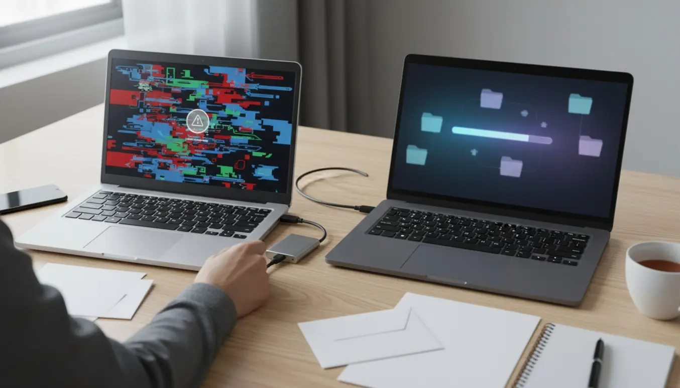 To bærbare computere på et skrivebord, den ene viser en fejlskærm, en ekstern harddisk er tilsluttet for at overføre e-mails.
