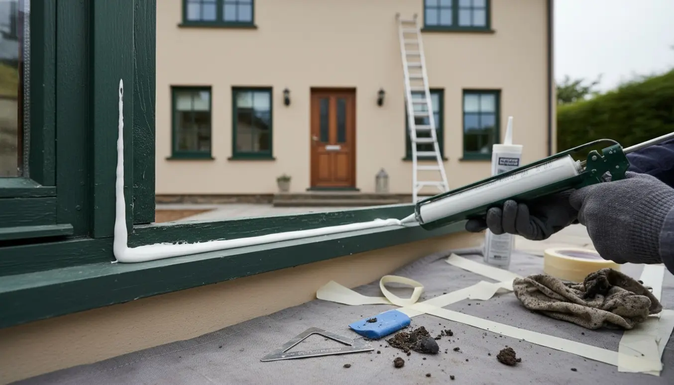 Nærbillede af påføring af ny udvendig fuge ved vindue og hoveddør med fugepistol og værktøj.