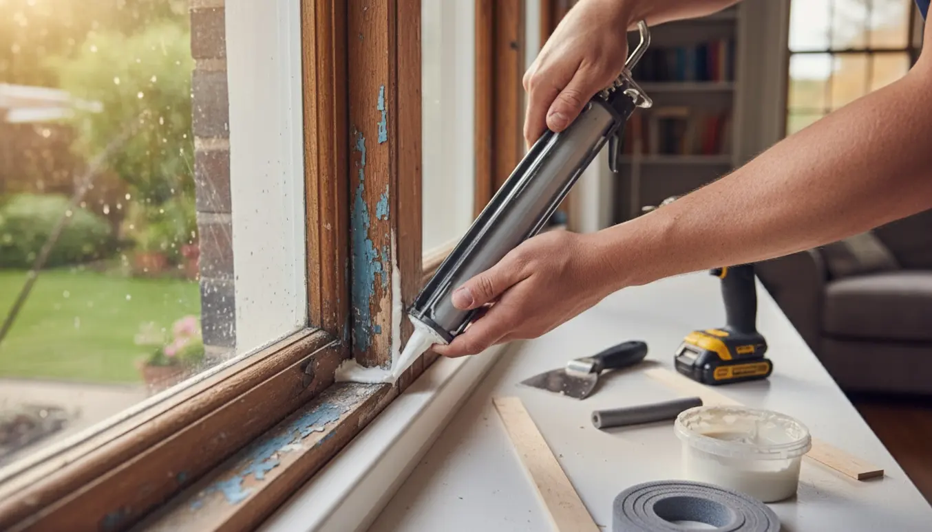 Tæt billede af en tømrer, der tætner en utæt vinduesramme med fugepistol og træliste.