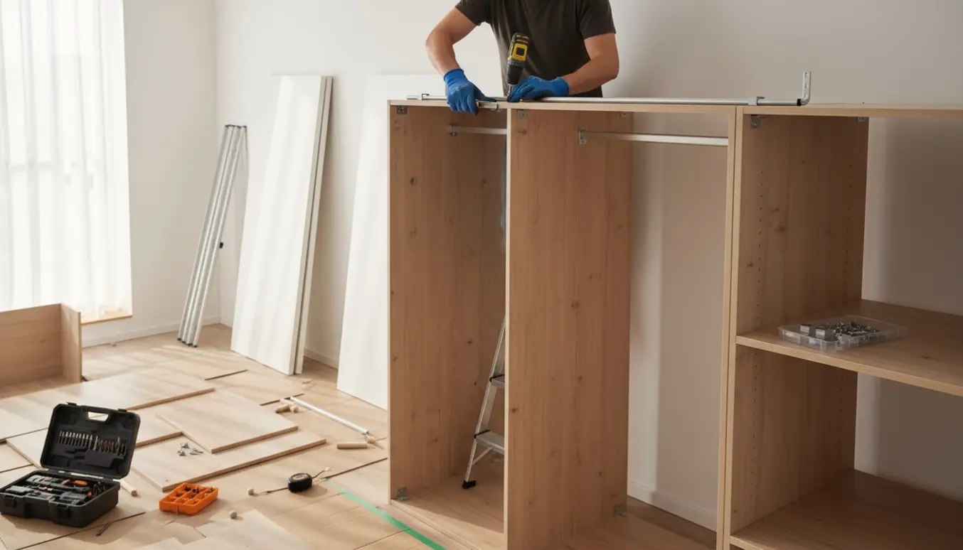 Delvist samlet tre meter højt garderobeskab i et lyst rum med værktøj og hænder ved monteringen.