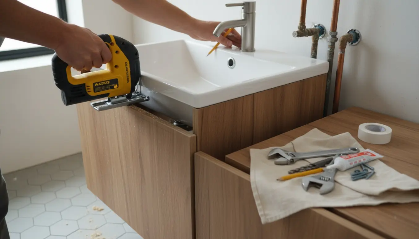 Ny hvid vask og underskab tilpasset omkring synlige vandrør med værktøj og hænder i arbejde.