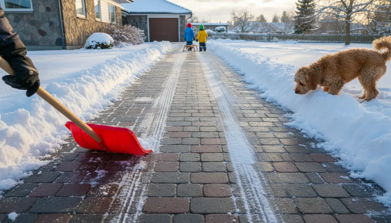 Opkørsel på fliser renset for sne og et halvt fortov med en klar snebane, børn og en hund i baggrunden.