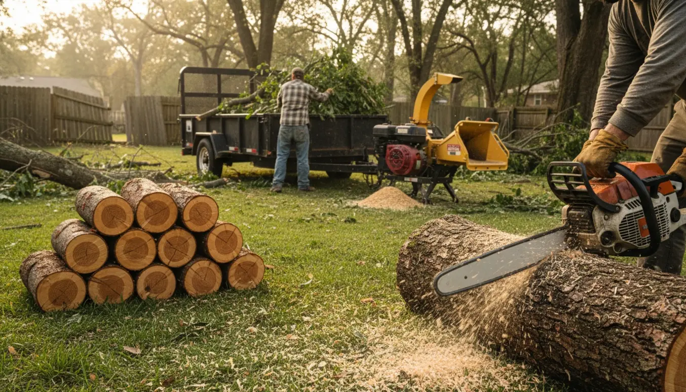 Væltede træstammer skæres op og lægges i stakke, mens mindre grene læsses i en trailer efter en storm.