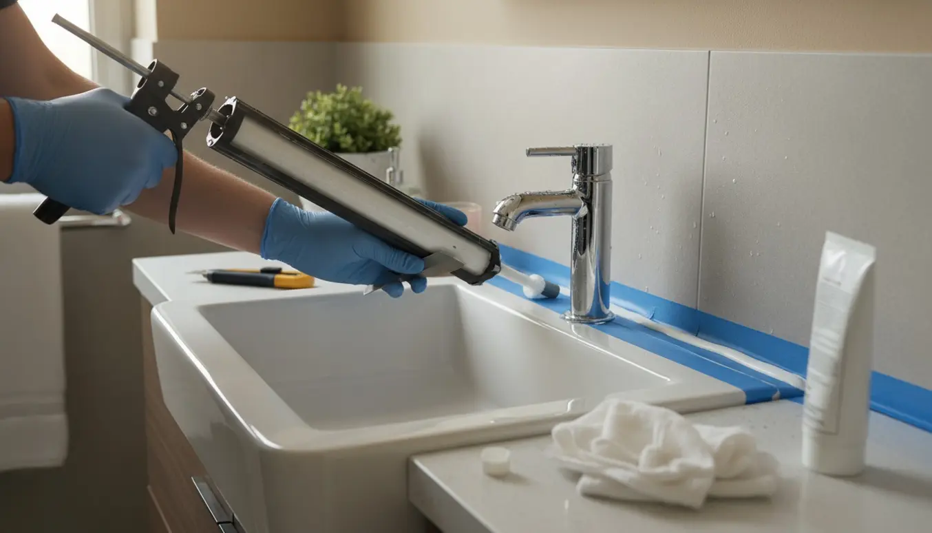 Hænder glatter en frisk fuge omkring en vask i et lyst badeværelse.