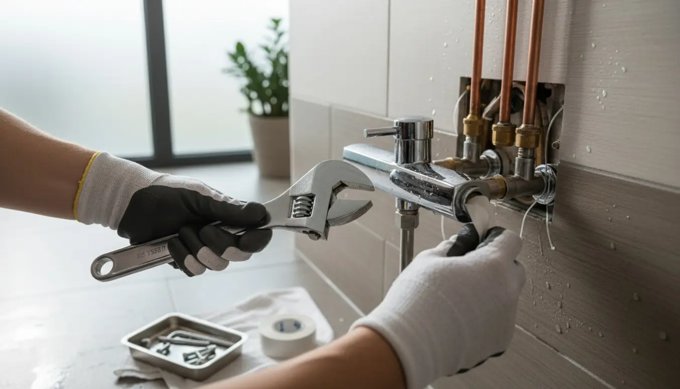 Hænder udskifter et vægmonteret bruseblandingsbatteri i et lyst, flisebeklædt badeværelse.