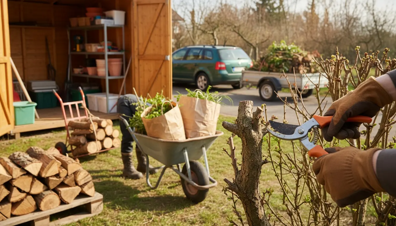 Haveoprydning med beskæring, trillebør fyldt med grene, stabler af brænde og et åbent skur klar til bortkørsel.