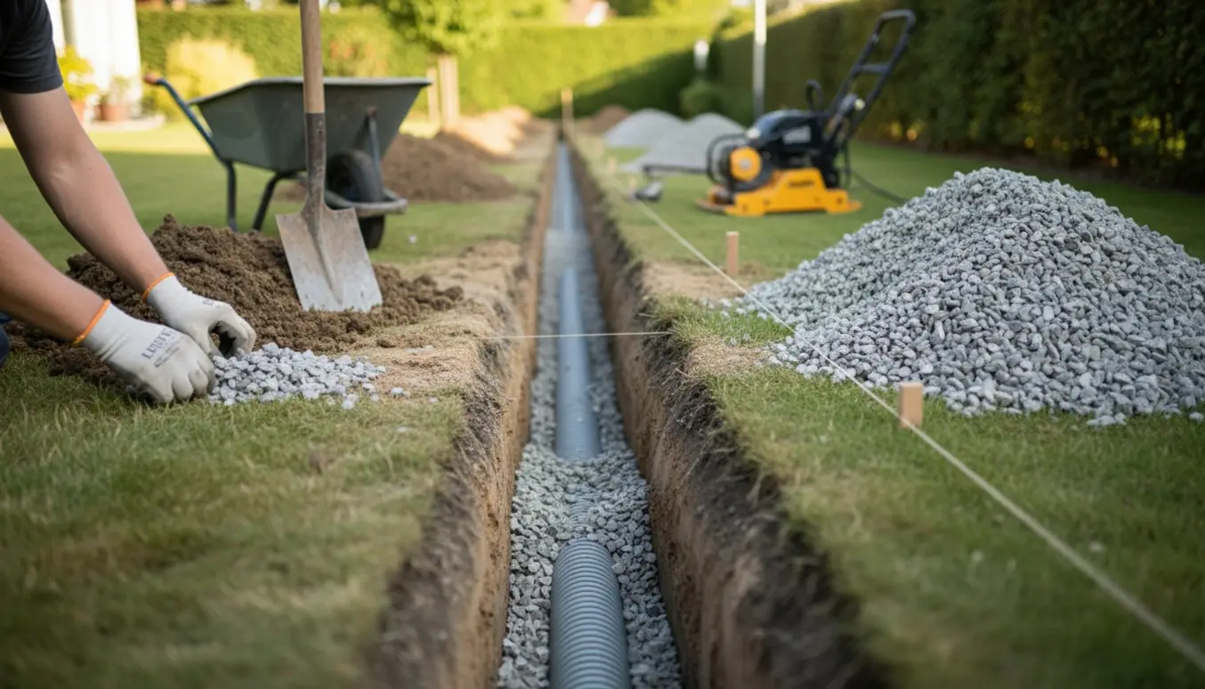 Nygravet rende til overløb i en have med ral, grus og graveværktøj.