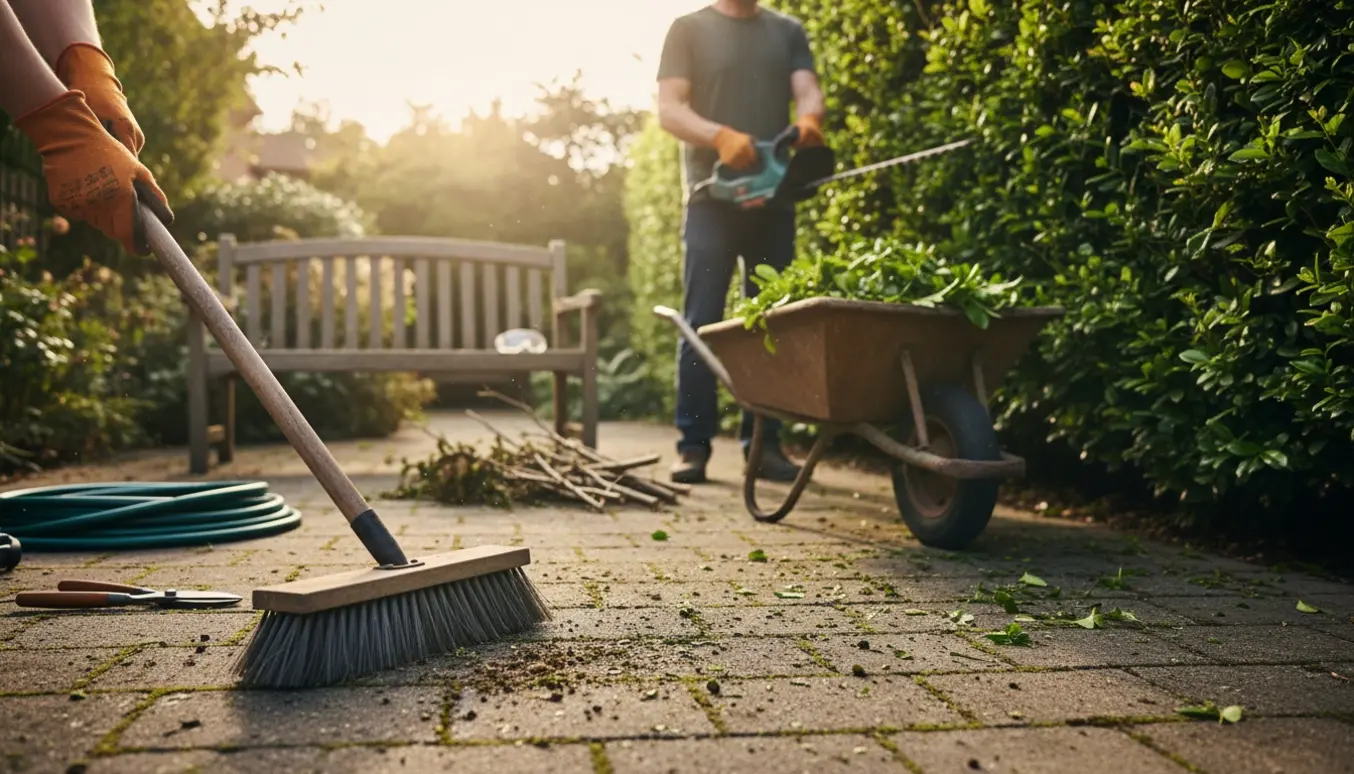 Solbelyst forårsklargøring med fejet fliseareal og en hæk under klipning, haveredskaber og trillebør med grønt affald.