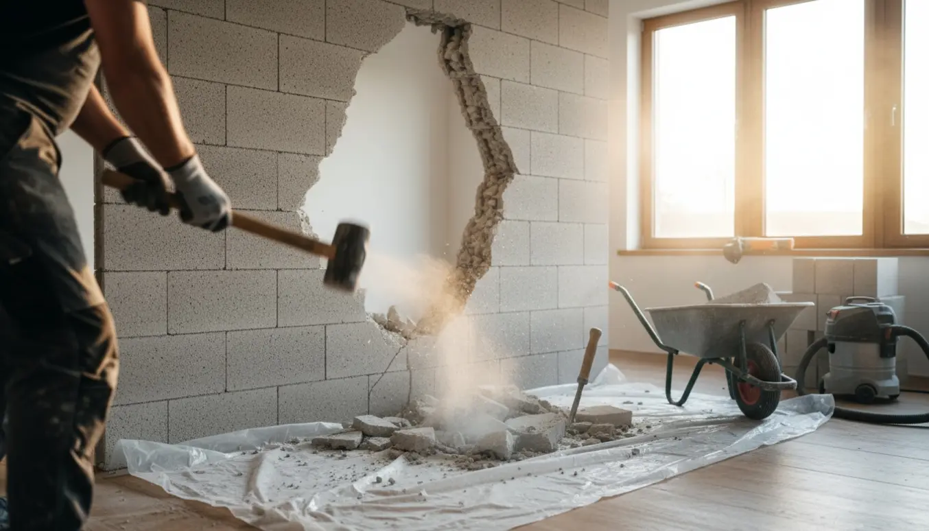 Delvist nedbrudt porebetonvæg indendørs med værktøj og murbrokker.