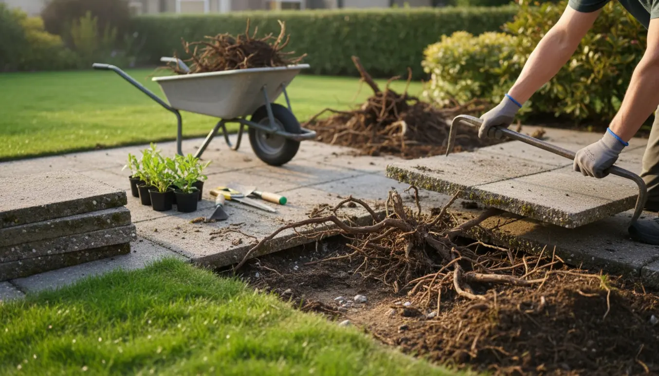 Løftede fliser og eksponerede buskrødder i en lille have med haveredskaber og potteplanter klar til genplantning.