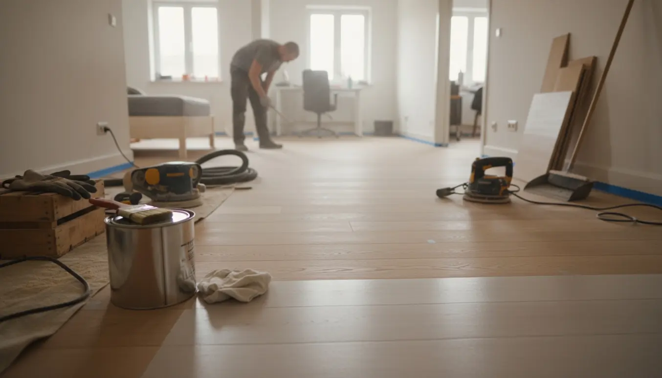 Nyligt slebet trægulv hvor hvidpigmenteret olie bliver påført, med slibemaskiner og slibespor i baggrunden.
