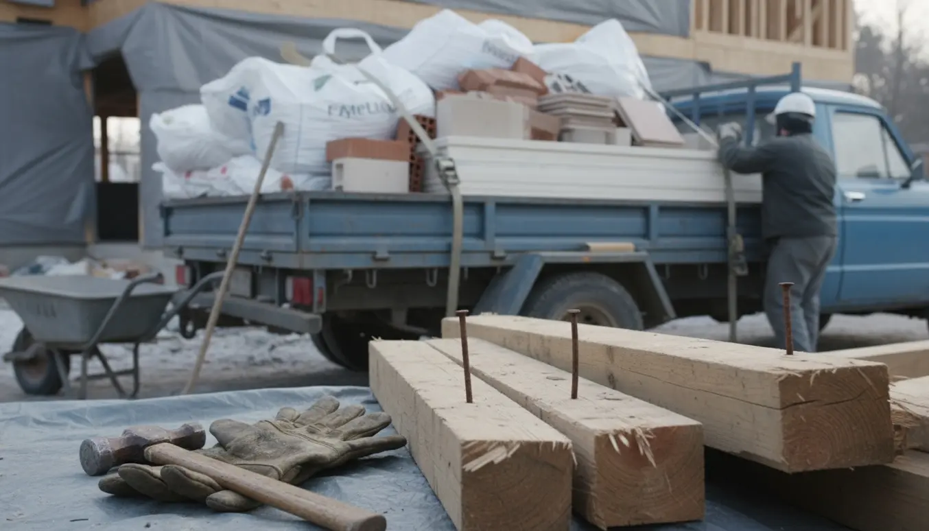 Stor bunke byggeaffald med sække med isolering, træ med fremskydende søm, gipsplader, mursten og gasbeton ved en trailer klar til afhentning.