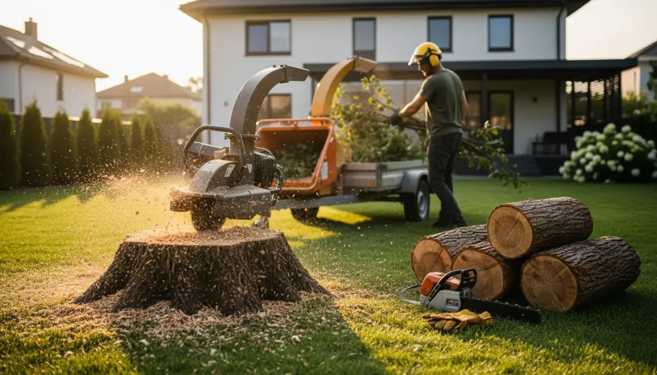 Maskine fjerner en træstub i en villahave, omgivet af stammer, flis og værktøj.