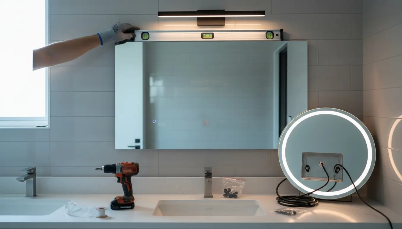 Hænder monterer et nyt spejl og forbereder en lampe over spejlet i et badeværelse, mens et afmonteret spejl med lys ligger på bordet.